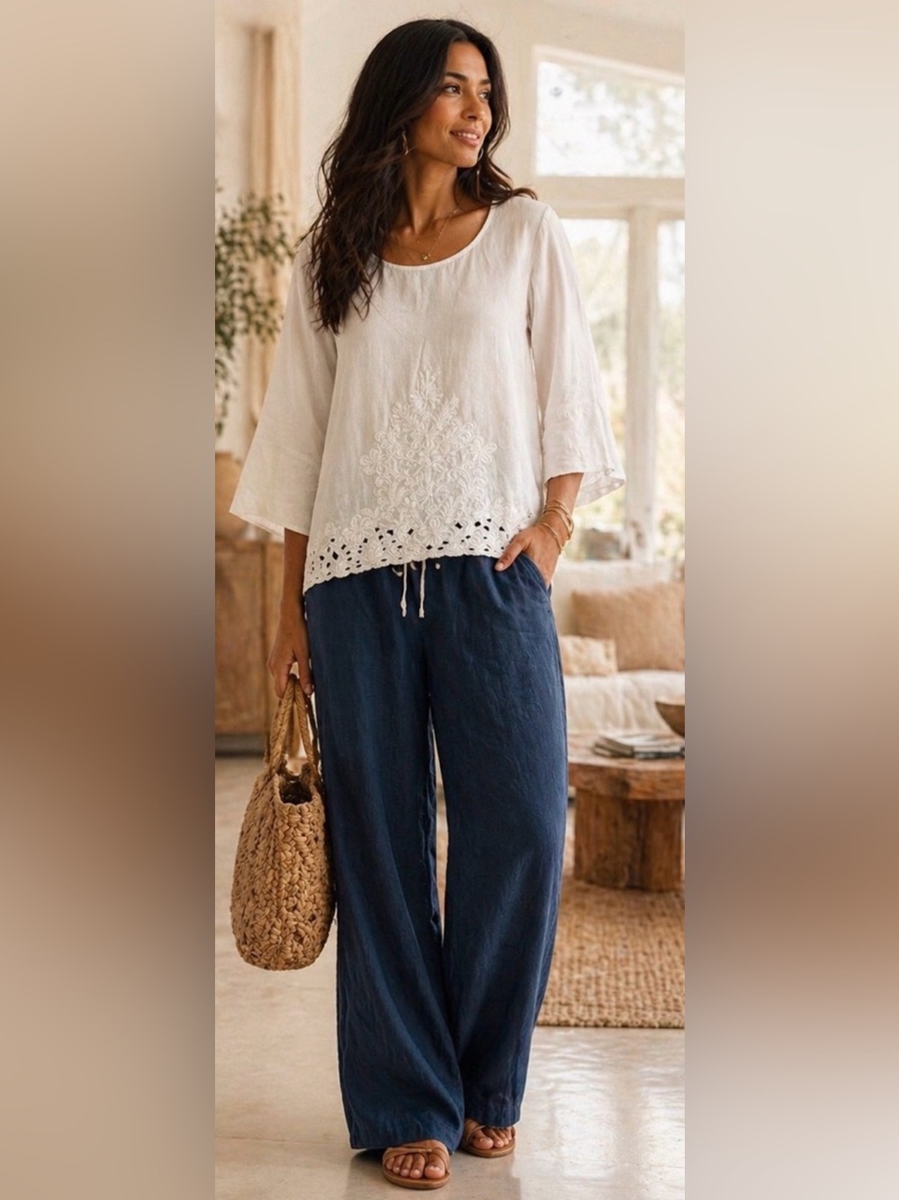Grace Elements White Linen/Rayon Top L - Picture 7 of 7